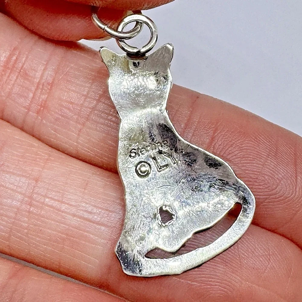 Navajo Cat Pendant 1.5in Signed Louise Yazzie Native American Sterling Kitty USA